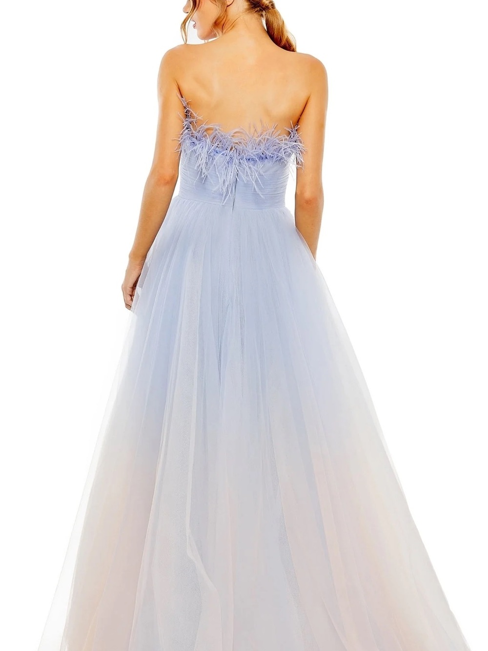 MAC DUGGAL Feather Trim Tulle Gown in Light Blue OMBRÉ - Picture 2 of 7